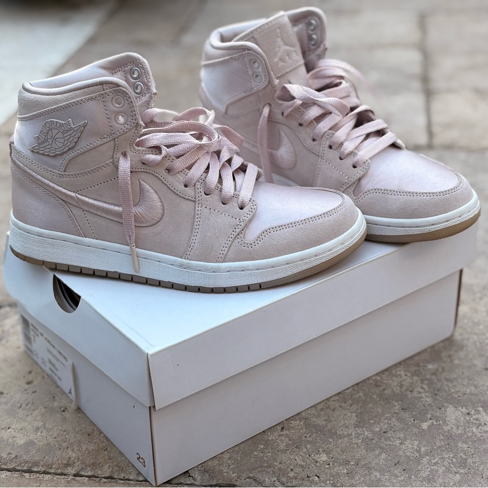 Jordan 1 Retro Women's Blush Pink Suede & Satin Sneakers